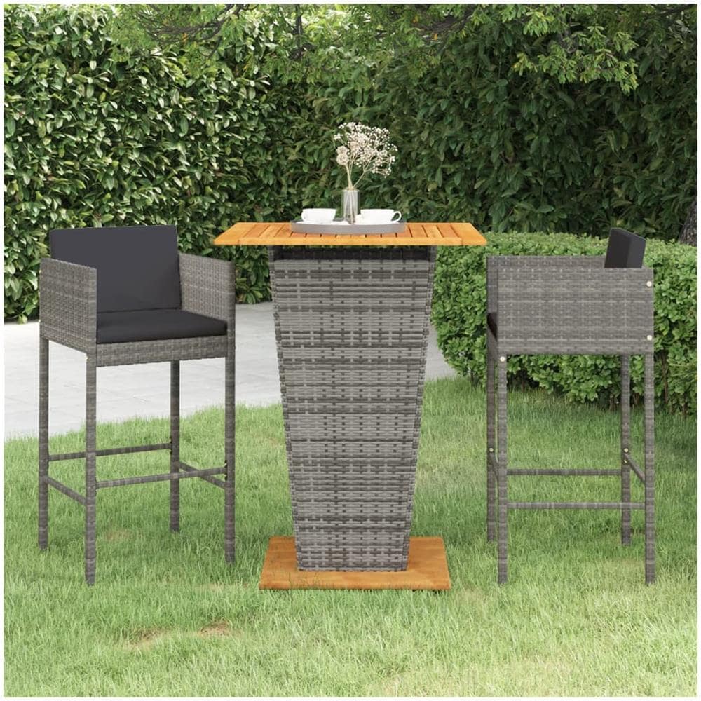 Set Bar Da Giardino 3 Pz Con Cuscini In Polyrattan Grigio - Foto 1