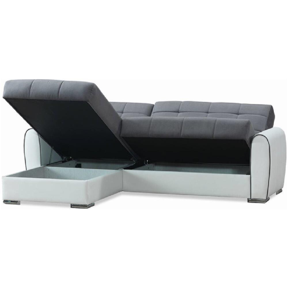 Divano Letto Con Penisola Argos, Divano Contenitore In Ecopelle E Tessuto, Sofà Penisola Reversibile, 246x160h91 Cm, Bianco E Grigio - Foto 2