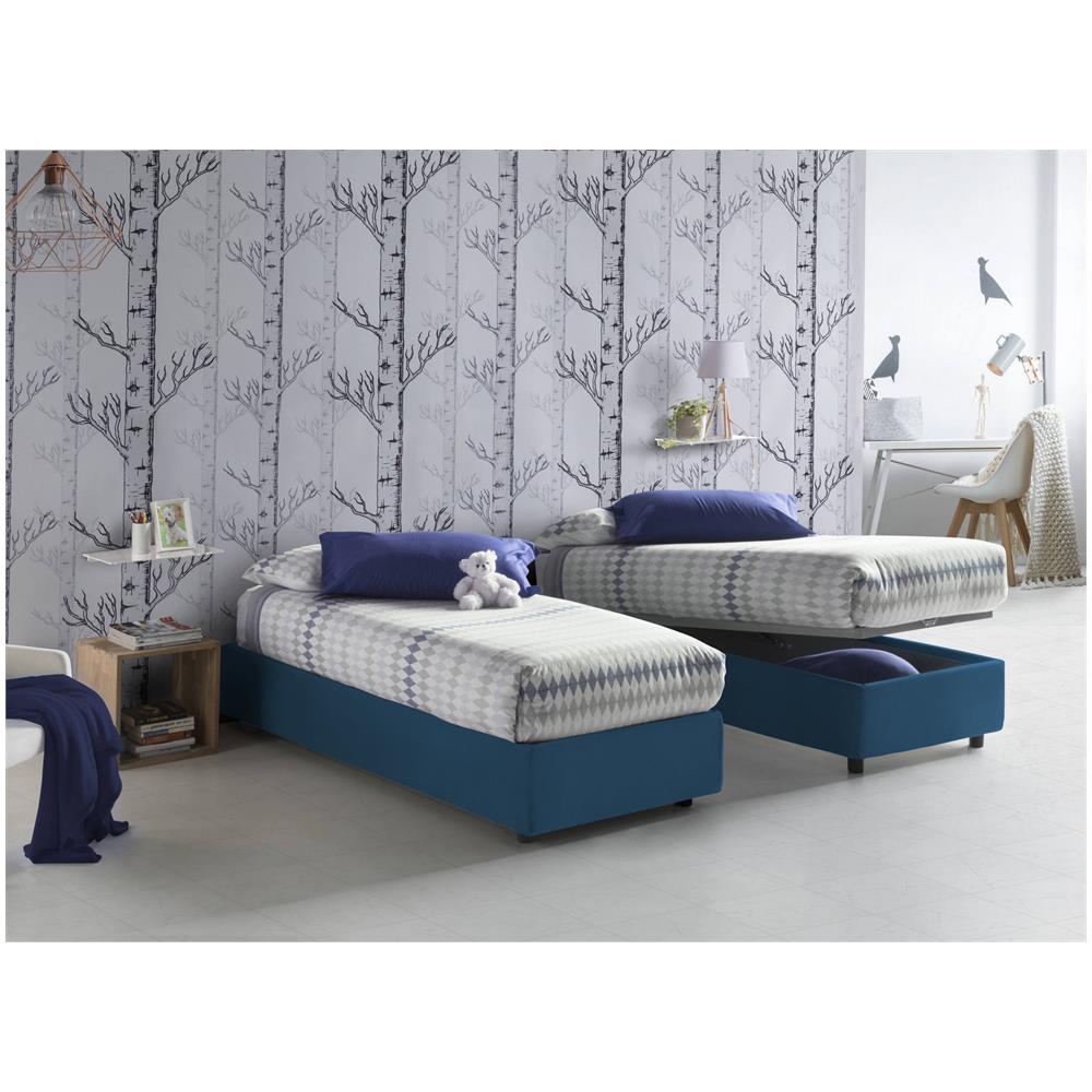 Letto Singolo Amelia, Letto Contenitore Con Rivestimento In Tessuto, 100% Made In Italy, Apertura Frontale, Con Materasso Cm 80x190 Incluso, Blu - Foto 2