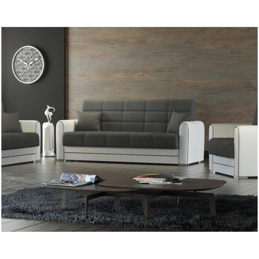 Divano Letto Luis, Divano Letto Contenitore A 3 Posti In Ecopelle E Tessuto, Sofà Da Soggiorno In Tessuto Imbottito Con Apertura Click-clack, 220x84h91 Cm, Bianco E Grigio Scuro - Foto 1