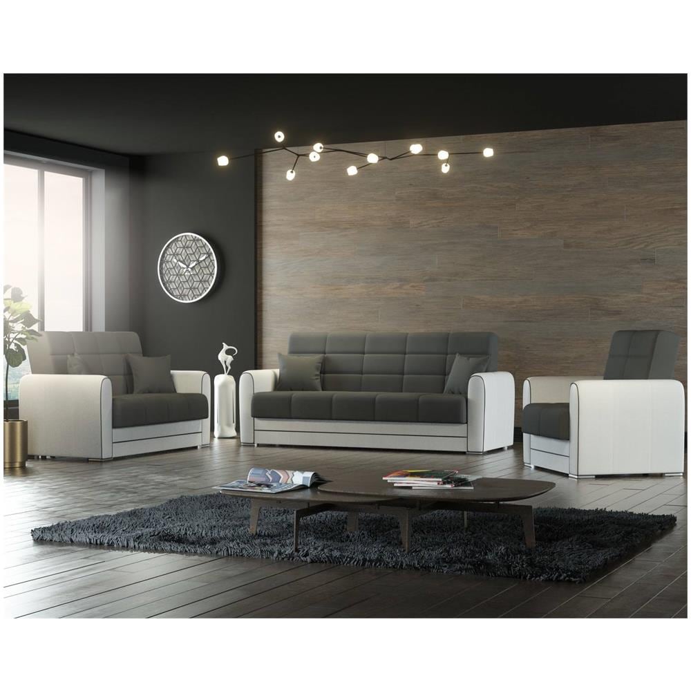 Divano Letto Luis, Divano Letto Contenitore A 3 Posti In Ecopelle E Tessuto, Sofà Da Soggiorno In Tessuto Imbottito Con Apertura Click-clack, 220x84h91 Cm, Bianco E Grigio Scuro - Foto 4