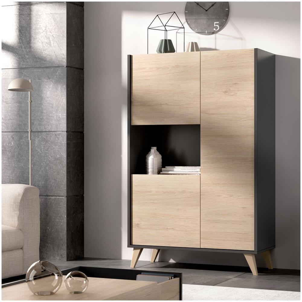 Credenza Boario, Buffet Alto Da Soggiorno, Madia Moderna Da Salotto A 3 Ante, 81x43h135 Cm, Rovere E Antracite - Foto 1