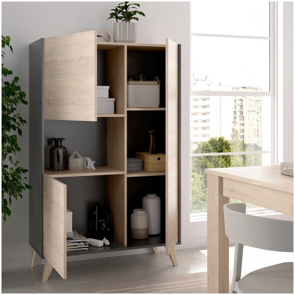 Credenza Boario, Buffet Alto Da Soggiorno, Madia Moderna Da Salotto A 3 Ante, 81x43h135 Cm, Rovere E Antracite - Foto 4