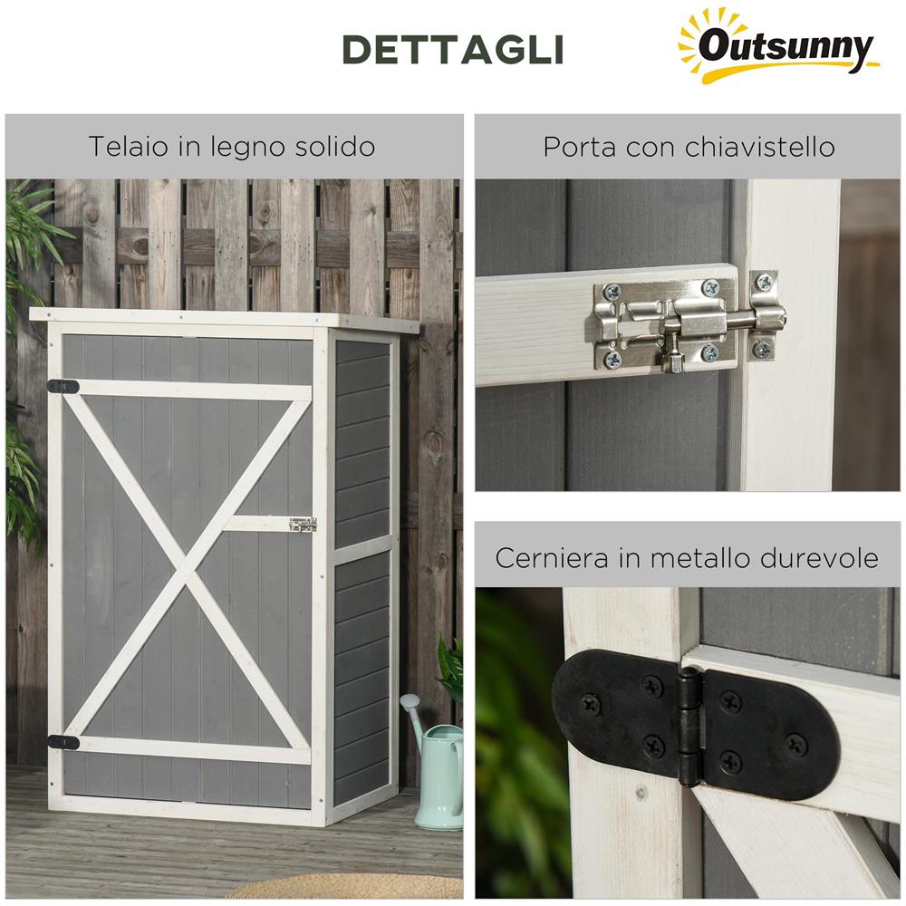 Casetta da Giardino in Legno con Tetto Impermeabile, Armadio Porta Attrezzi da Esterno con 2 Mensole, 75x56x115cm - Foto 6