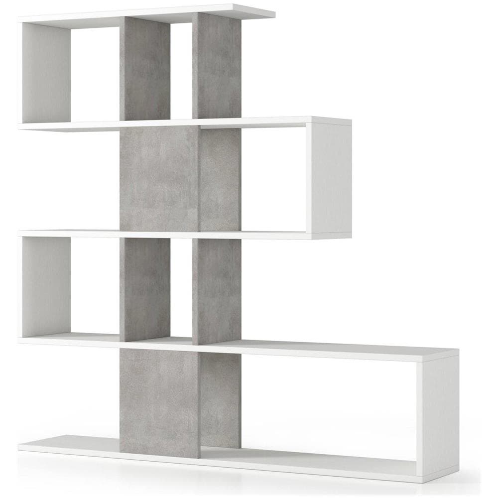 Libreria Decorativa E Funzionale Con Cinque Scomparti, 100% Made In Italy, Scaffale Per Ufficio O Salotto, Cm 145x29h145, Colore Bianco E Cemento - Foto 2
