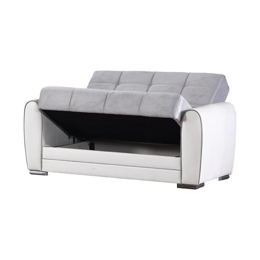 Divano Letto Pablito, Divano Letto Contenitore Ad Angolo In Ecopelle E Tessuto, Sofà Da Soggiorno Con Apertura Click-clack E Penisola Reversibile, 163x84h91 Cm, Bianco E Grigio - Foto 1