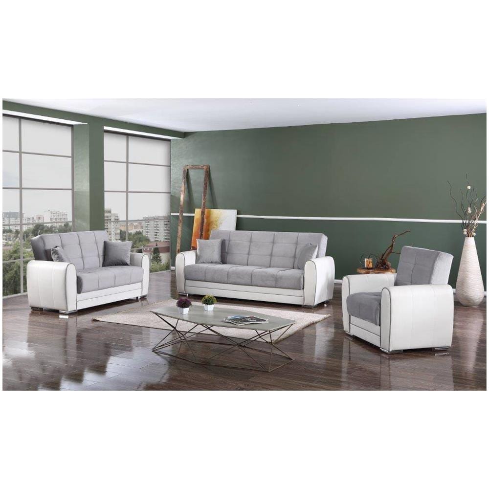 Divano Letto Pablito, Divano Letto Contenitore Ad Angolo In Ecopelle E Tessuto, Sofà Da Soggiorno Con Apertura Click-clack E Penisola Reversibile, 163x84h91 Cm, Bianco E Grigio - Foto 2