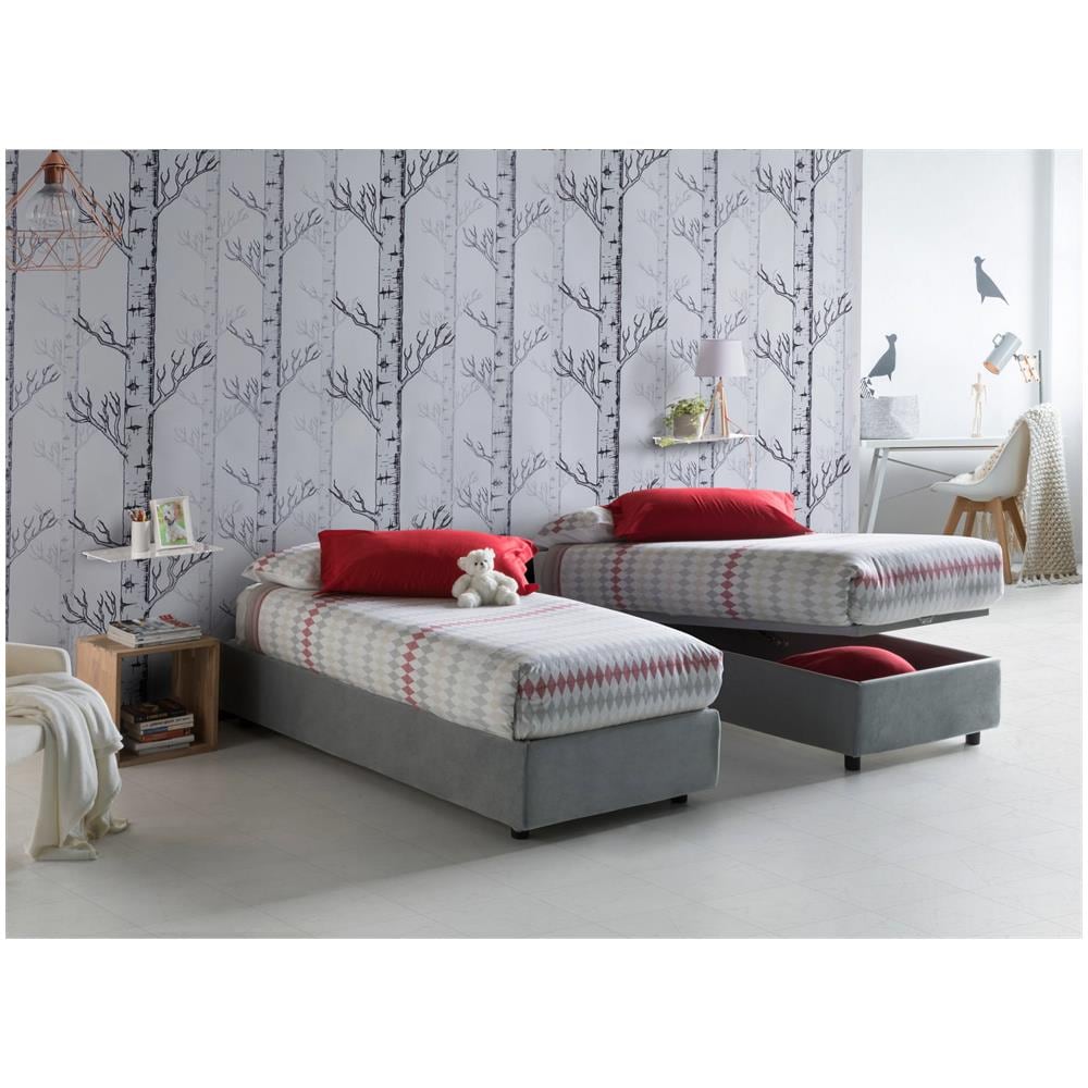 Letto Singolo Amelia, Letto Contenitore Con Rivestimento In Tessuto, 100% Made In Italy, Apertura Frontale, Con Materasso Cm 80x190 Incluso, Grigio - Foto 1
