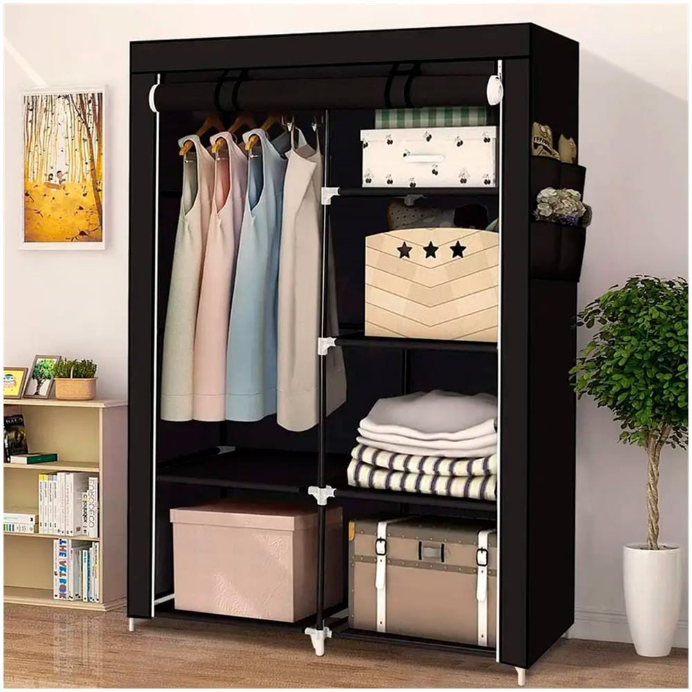 Armadio Spogliatoio In Tessuto Con Ante Con Cerniera E Tasche Laterali Home Misure 165x88x45cm Nero - Foto 3