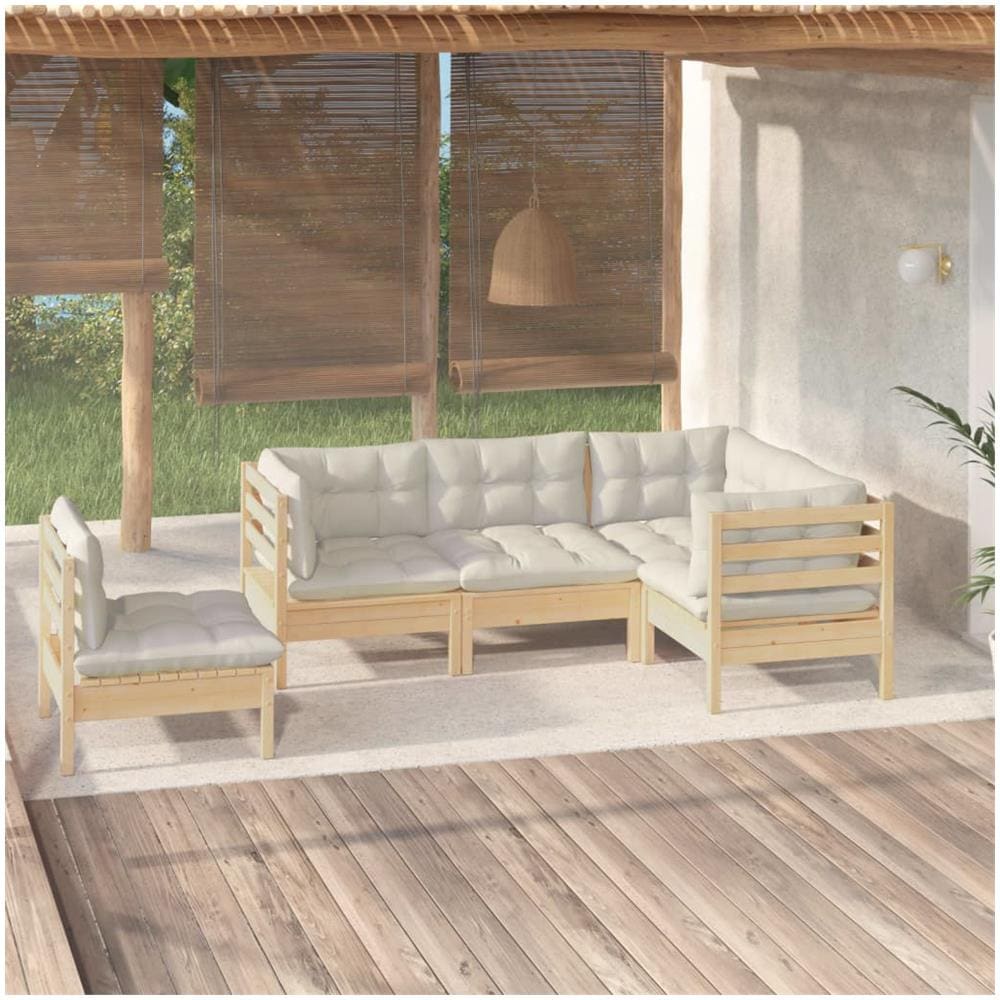 Set Divani Da Giardino 5 Pz Con Cuscini Crema In Massello Di Pino - Foto 1