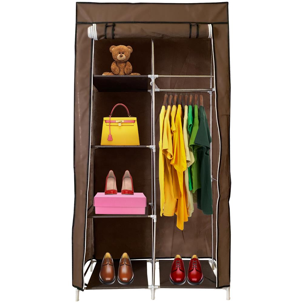 Armadio Spogliatoio In Tessuto Con Ante Con Cerniera E Tasche Laterali Home Misure 165x88x45cm Marrone - Foto 1