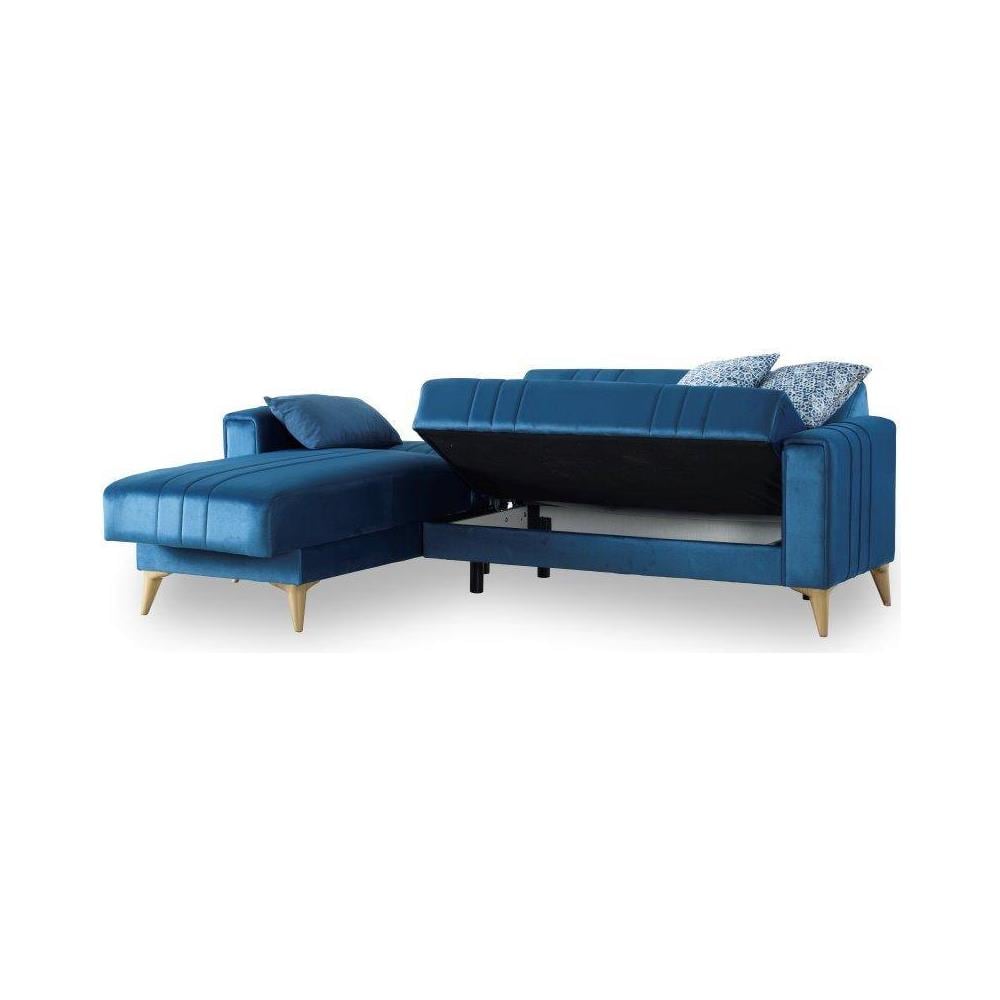 Divano Letto Miguel, Divano Letto Contenitore Ad Angolo Con 3 Cuscini Inclusi, Sofàin Tessuto Imbottito Con Apertura Click-clack, Con Penisola Reversibile, 225x151h84 Cm, Blu - Foto 2