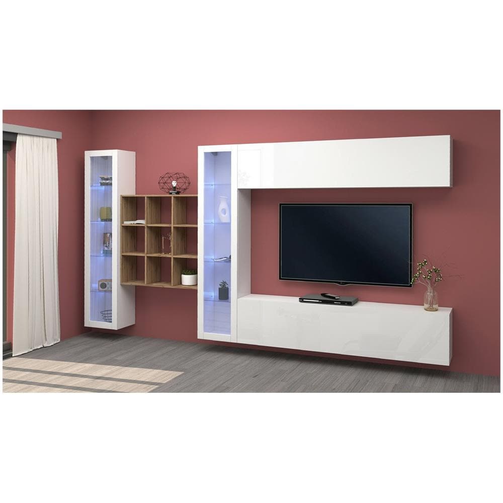 Parete Attrezzata Gustavo, Set Salotto Porta Tv A 4 Ante, Mobile Soggiorno Multiuso Con Vetrina E Luce Led, 100% Made In Italy, Cm 350x30h180, Bianco Lucido - Foto 1