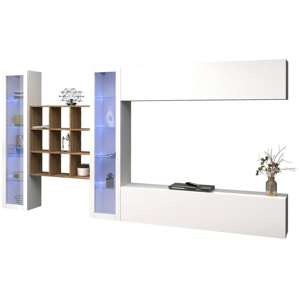 Parete Attrezzata Gustavo, Set Salotto Porta Tv A 4 Ante, Mobile Soggiorno Multiuso Con Vetrina E Luce Led, 100% Made In Italy, Cm 350x30h180, Bianco Lucido - Foto 2