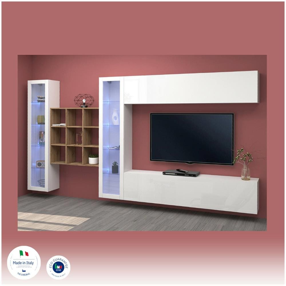 Parete Attrezzata Gustavo, Set Salotto Porta Tv A 4 Ante, Mobile Soggiorno Multiuso Con Vetrina E Luce Led, 100% Made In Italy, Cm 350x30h180, Bianco Lucido - Foto 4