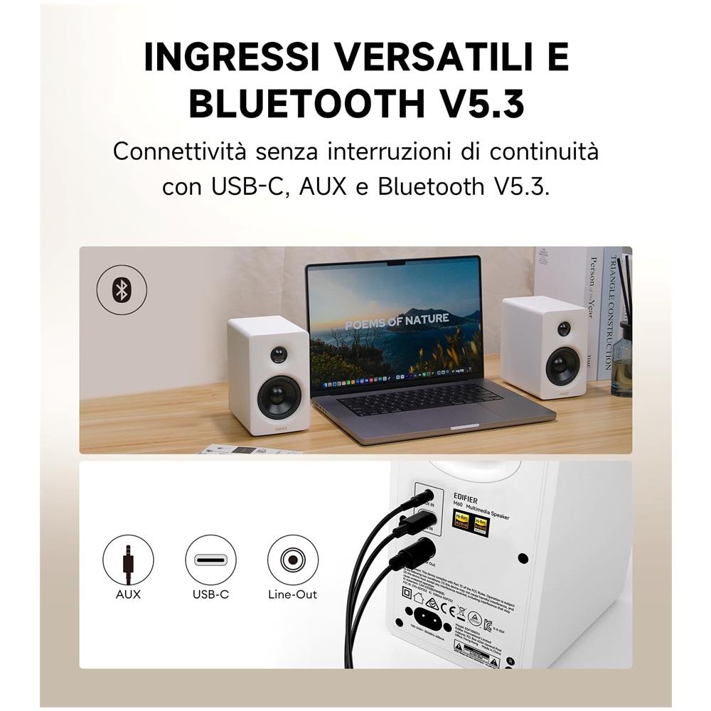 M60 Diffusori multimediali Bluetooth, 66W RMS, Hi-Res LDAC, USB-C, diffusori da scrivania, bianco - Foto 1