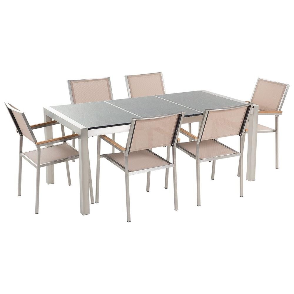 Set Di Tavolo E 6 Sedie Da Giardino In Acciaio, Granito E Fibra Tessile Beige - Grigio Lucido - 180cm - Grosseto - Foto 1