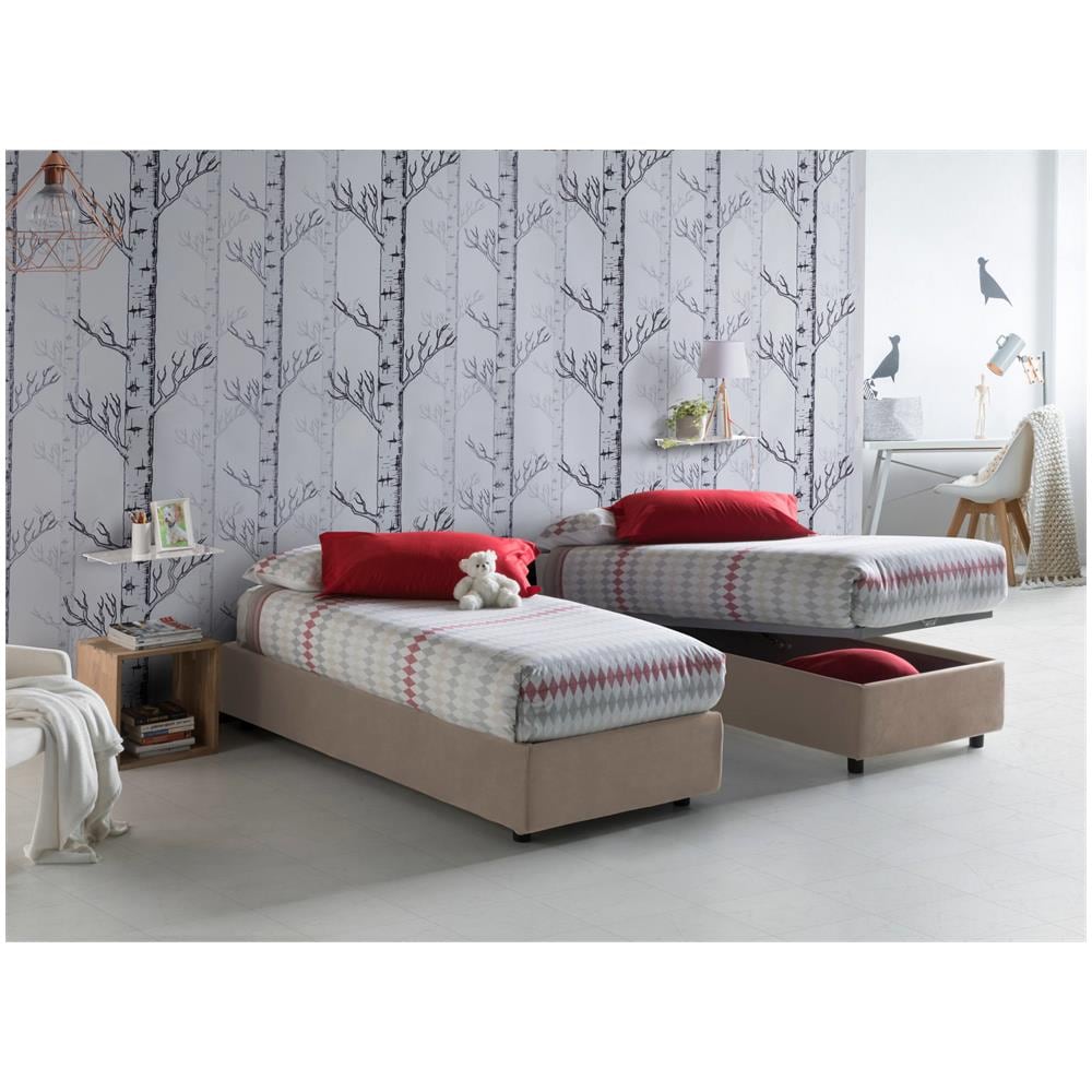 Letto Singolo Asia, Letto Contenitore Con Rivestimento In Tessuto, 100% Made In Italy, Apertura Frontale, Adatto Per Materasso Cm 80x190, Tortora - Foto 1