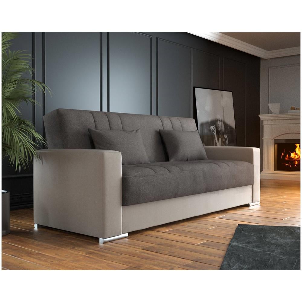 Divano Letto Sergio, Divano Letto Contenitore A 3 Posti In Ecopelle E Tessuto, Sofà Da Soggiorno Con Apertura Click-clack E 2 Cuscini Inclusi, 230 X96h101 Cm, Beige E Grigio - Foto 1