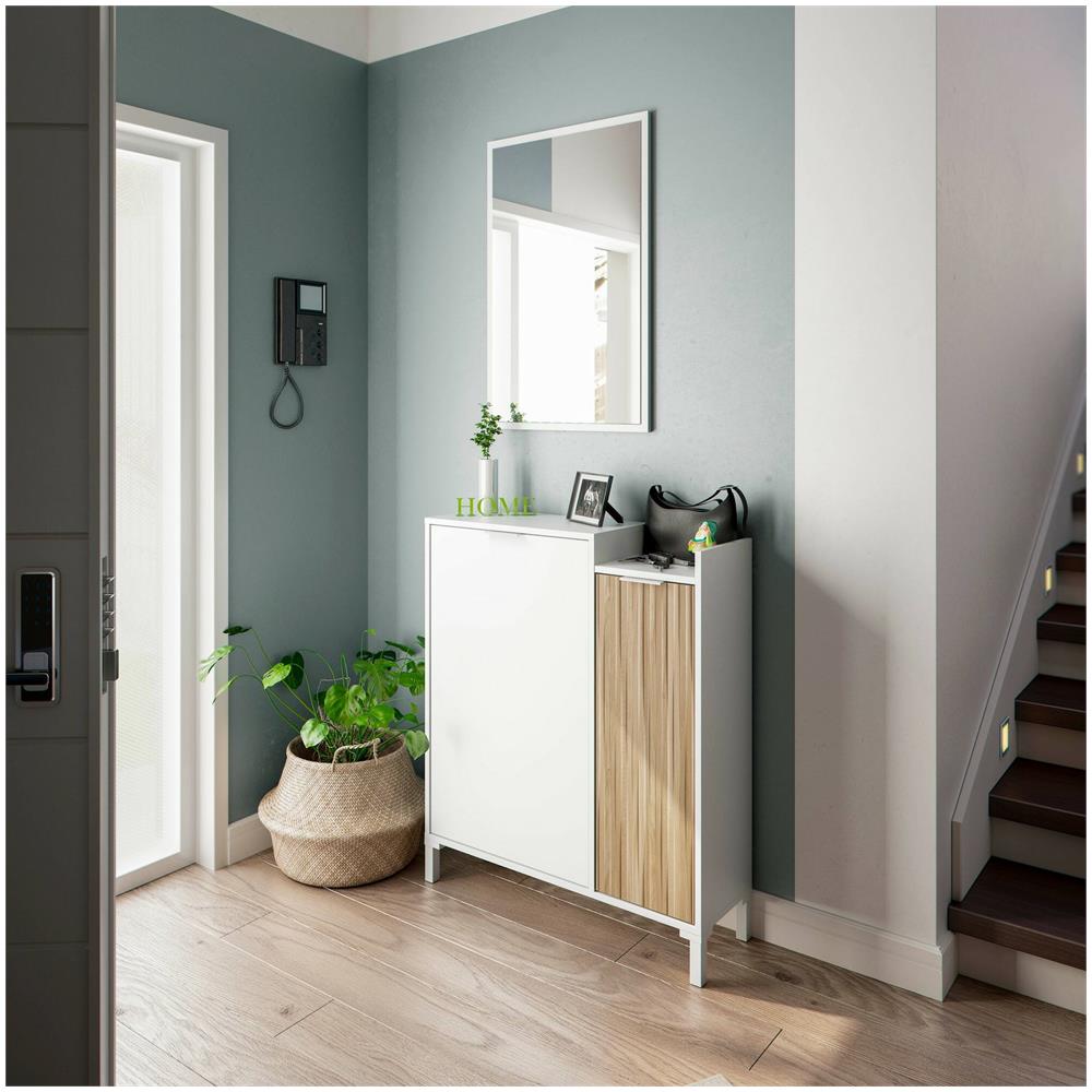 Mobile Da Ingresso Williamsport, Entratina A 2 Ante, Armadio Con Specchio, Portaoggetti Multifunzione, 77x24h91 Cm, Bianco E Rovere - Foto 1