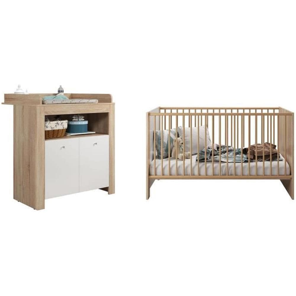 Letto 70 X 140 Cm + Fasciatoio A 2 Ante - Decoro Rovere Sonoma E Bianco Opaco - Foto 1