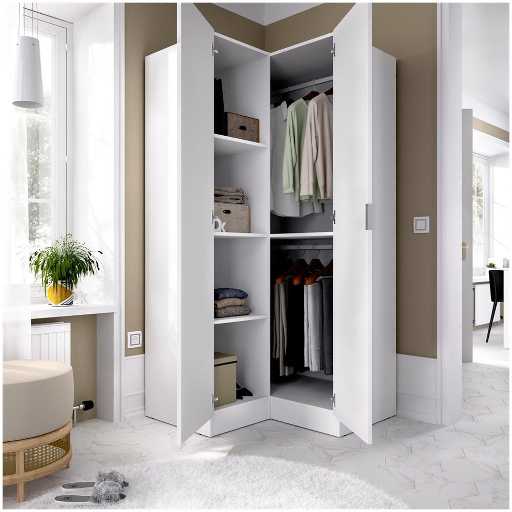Guardaroba Elgon, Mobile Angolare Per Camera Da Letto, Armadio Appendiabiti Ad Angolo A 2 Ante Battenti, 91x93h184 Cm, Bianco - Foto 4