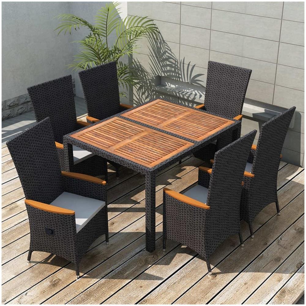 Set Da Pranzo Da Giardino 7 Pz In Polyrattan E Acacia Nero - Foto 1