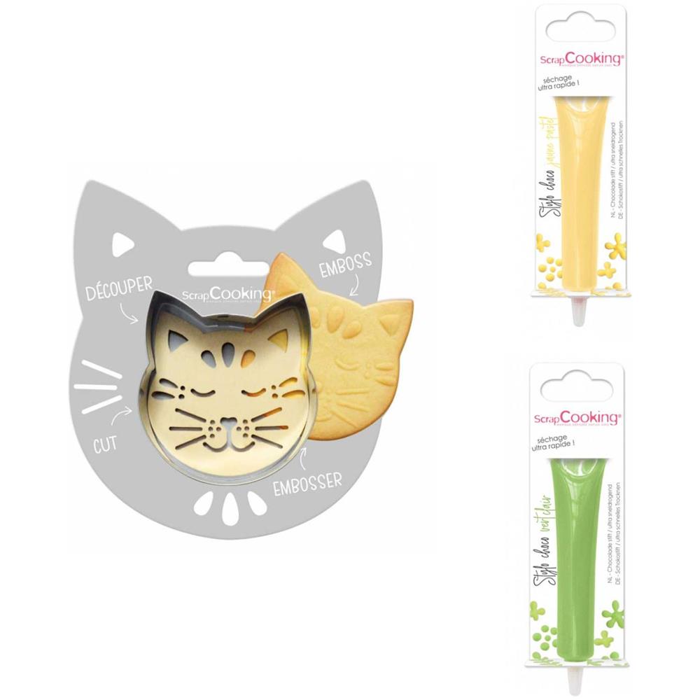 Kit Di Biscotti A Rilievo Per Gatti + 2 Penne Di Cioccolato Giallo Pastello E Verde Chiaro - Foto 1