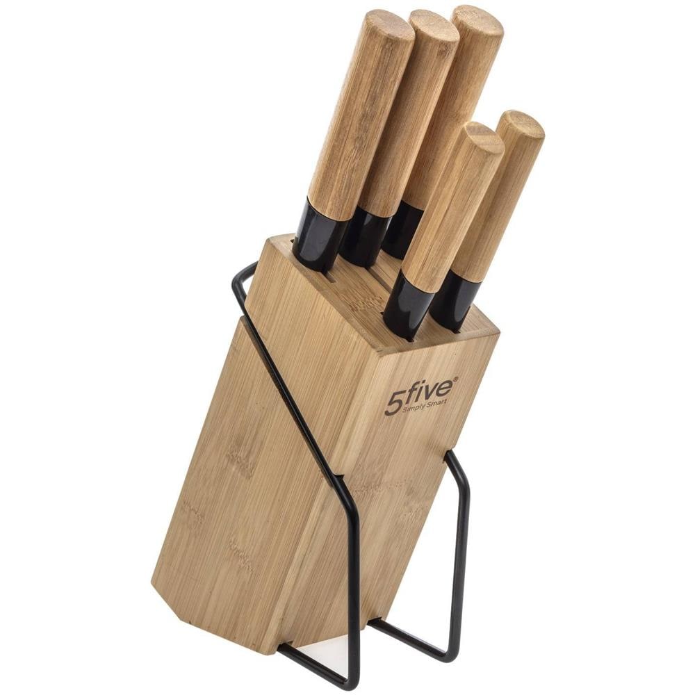Set Di Coltelli Da Cucina Su Un Rack Di Bambù, 5 Coltelli - Foto 1