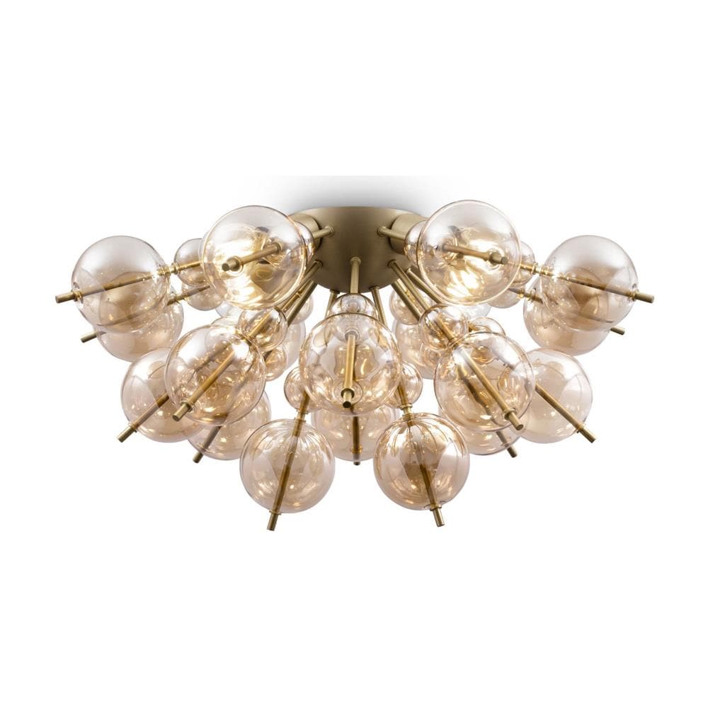 Plafoniera Contemporanea Bolla Metallo Ottone 4 Luci Diffusori Vetro Ambra - Foto 1