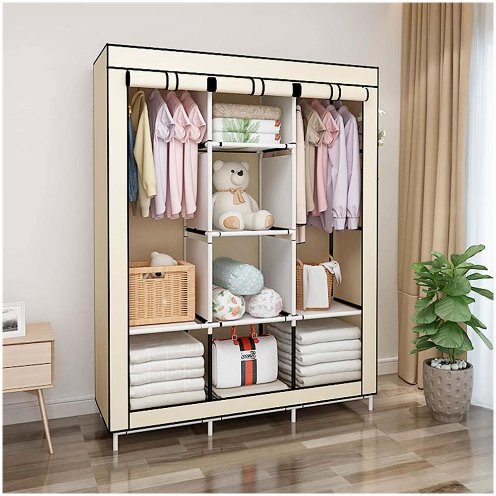 Armadio Spogliatoio In Tessuto Con Ante Zip E Tasche Laterali Home Misure 170x127x45cm Beige - Foto 5