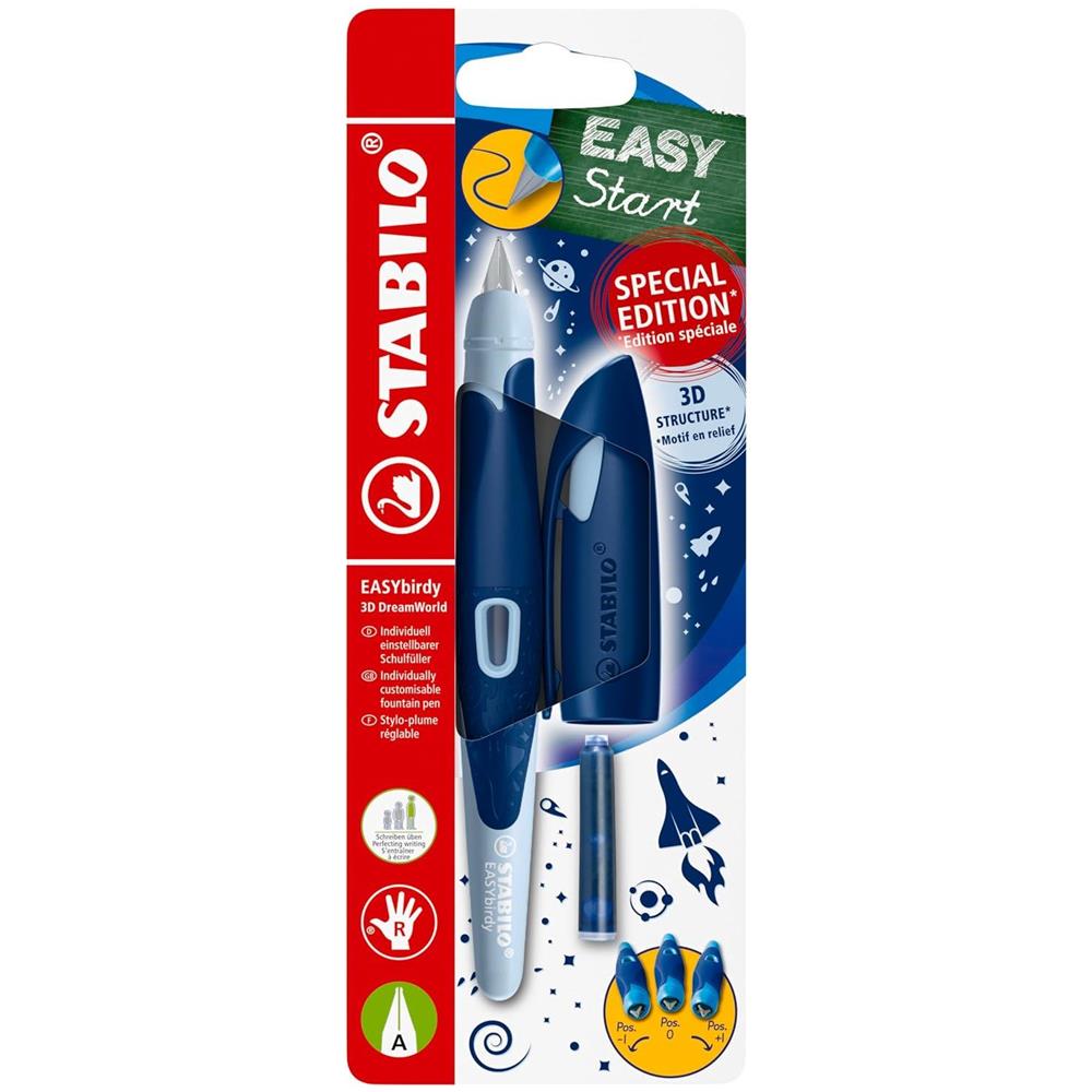 EASYbirdy - Penna Stilografica Ergonomica - 3D DreamWorld Edition - Blu - per Destrimani - Punta Principiante - Cartuccia Blu inclusa - Foto 1