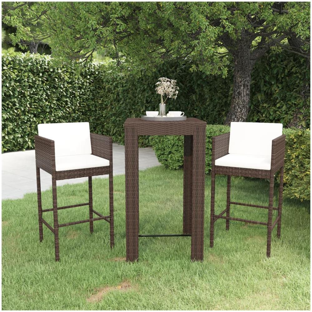 Set Bar Da Giardino 3 Pz Con Cuscini Polyrattan Marrone - Foto 1