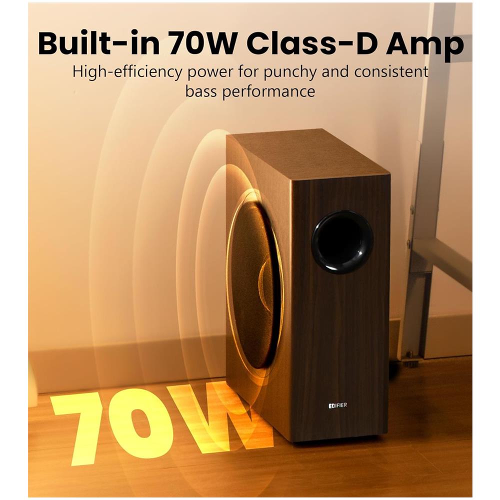 T5s Subwoofer attivo 8 pollici, 70W RMS, passa-basso 35Hz, cabinet in MDF, marrone - Foto 2