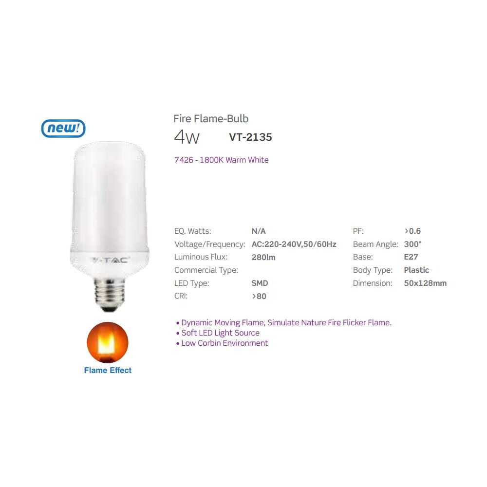 Lampadina Led E27 4w Smd Tubolare Effetto Fiamma V Tac Vt-2135 7426 - Foto 2