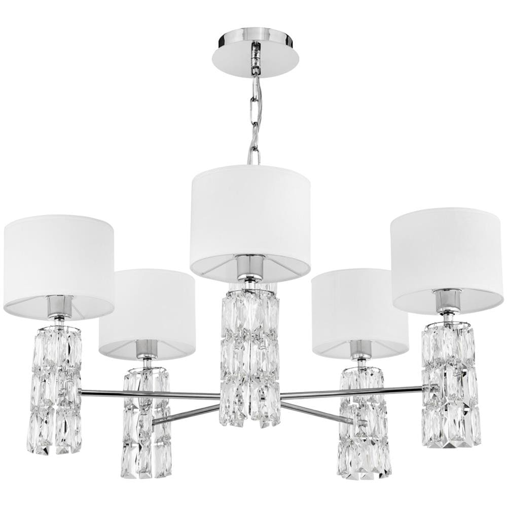 Moderno Lampadario A Sospensione, Elementi In Cristallo, Metallo Cromato, Paralumi In Tessuto Bianco, Design Originale, 5 Luci, Per Lampadine E14 40w (non Incl)  - Foto 1