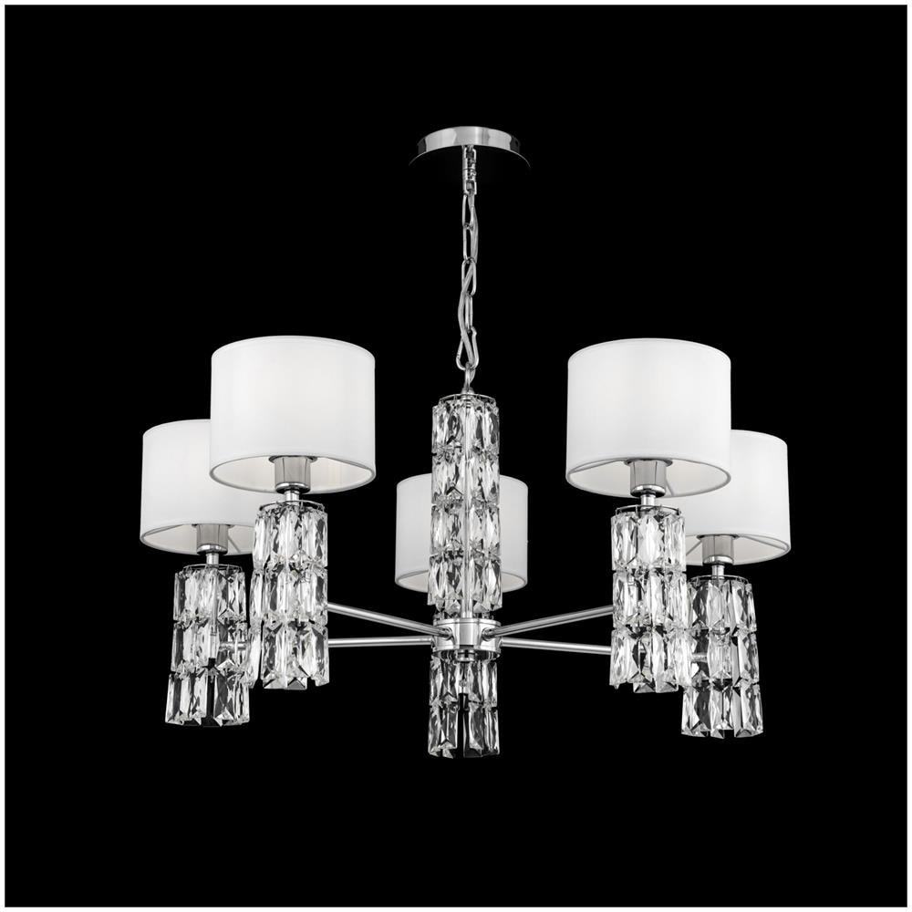 Moderno Lampadario A Sospensione, Elementi In Cristallo, Metallo Cromato, Paralumi In Tessuto Bianco, Design Originale, 5 Luci, Per Lampadine E14 40w (non Incl)  - Foto 2