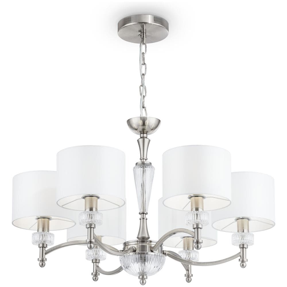 Elegante Lampadario Da Soffittto A Sospensione Regolabile, 6 Bracci, Design Moderno, Struttura In Vetro E Metallo Nickel, Paralumi In Tessuto Bianco, Per 6 Lampadine E14 40 W (non Incl)  - Foto 2