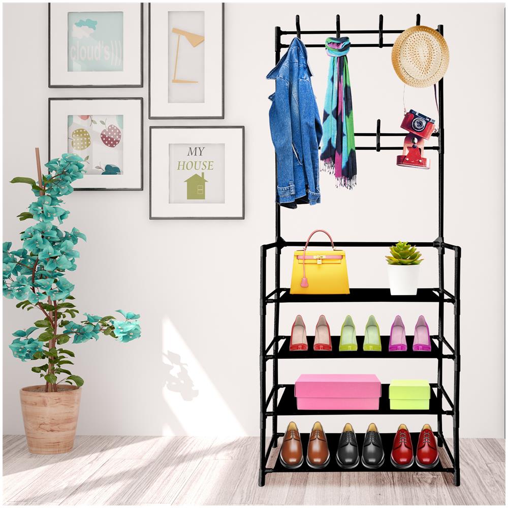 Appendiabiti Da Ingresso In Metallo Home 155x60x28, 4 Ripiani, 8 Appendiabiti Nero - Foto 2