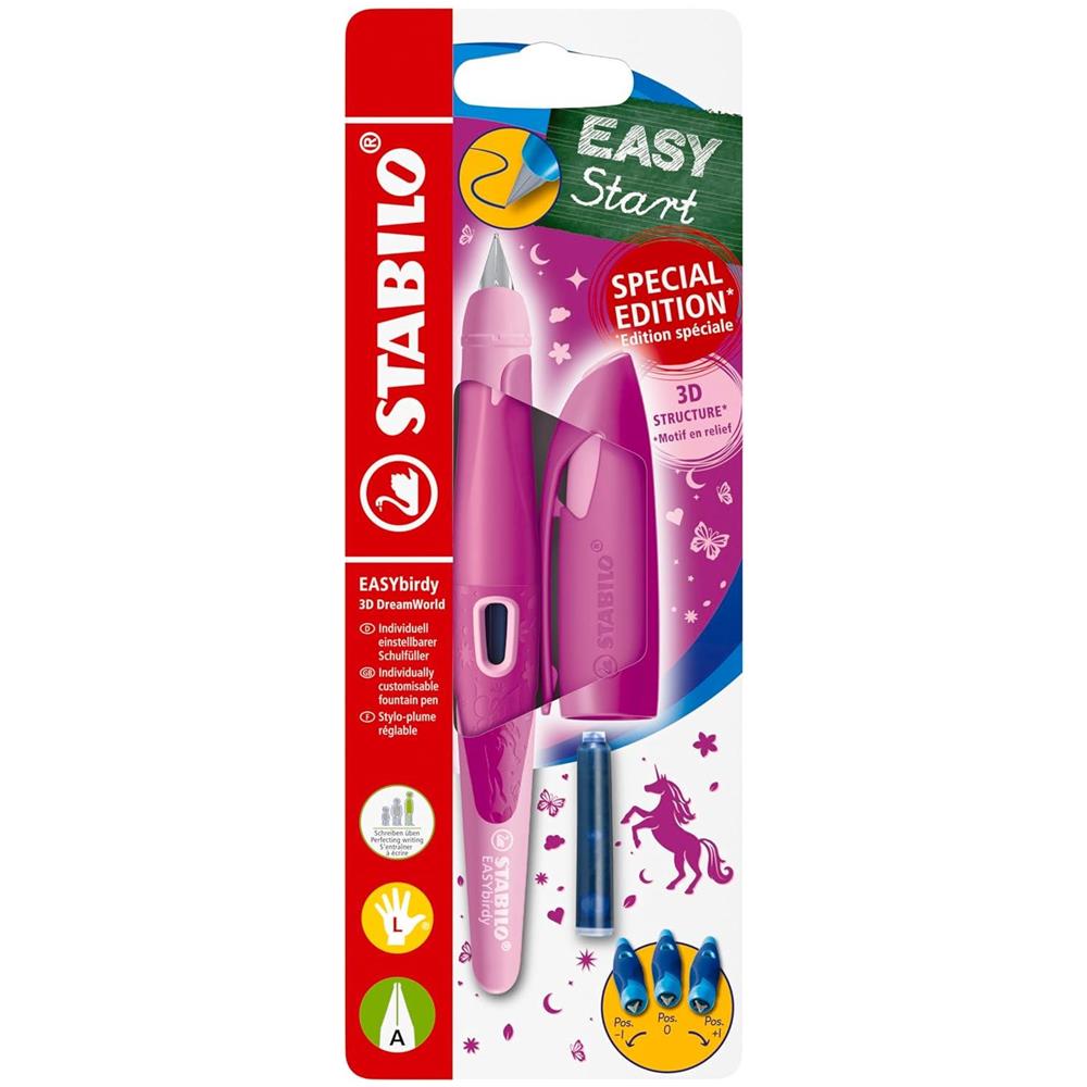 EASYbirdy - Penna Stilografica Ergonomica - 3D DreamWorld Edition - Rosa - per Mancini - Punta Principiante - Cartuccia Blu inclusa - Foto 1