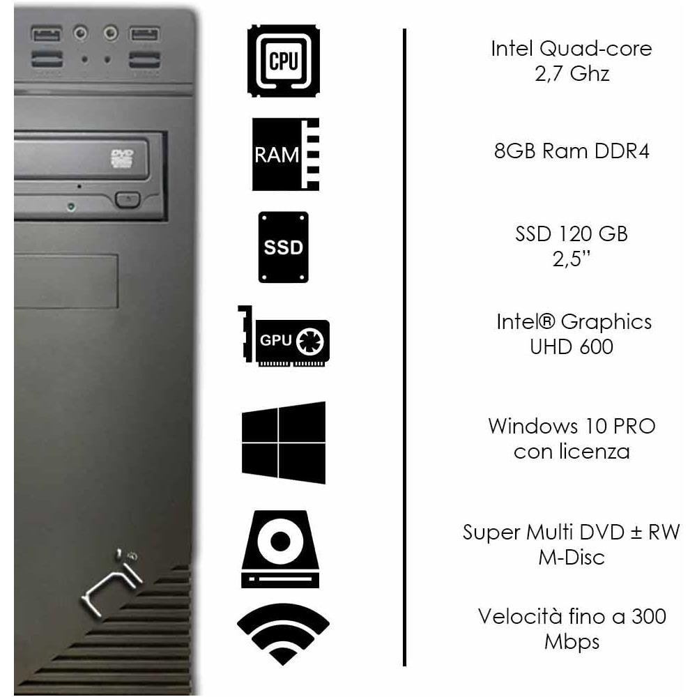 Pc Desktop Intel Quad Core Ram 8 Gb Ddr4 Ssd 120 Gb Intel Graphics Uhd 600 Windows 10 Pro Licenziato Wi-fi Hdmi - Foto 2