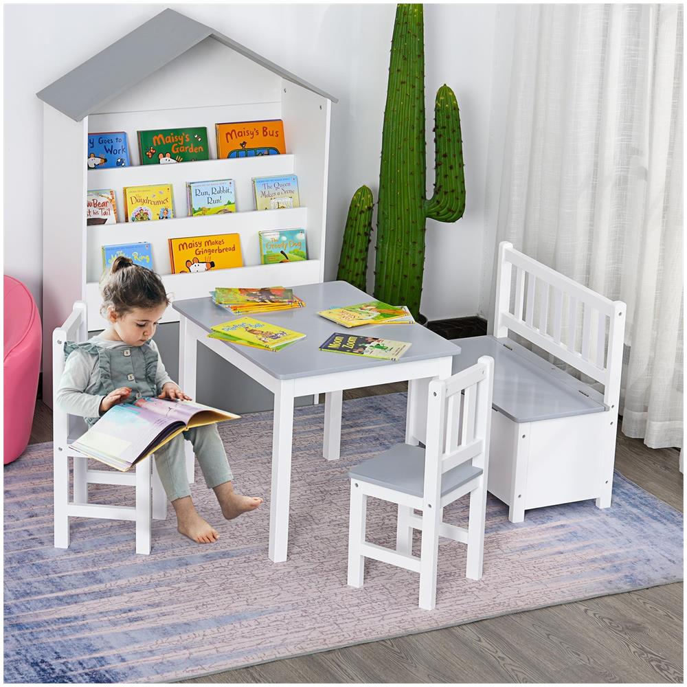 Set Tavolo per Bambini con 2 Sedie e Cassapanca in Legno per Cameretta, Bianco e Grigio - Foto 2