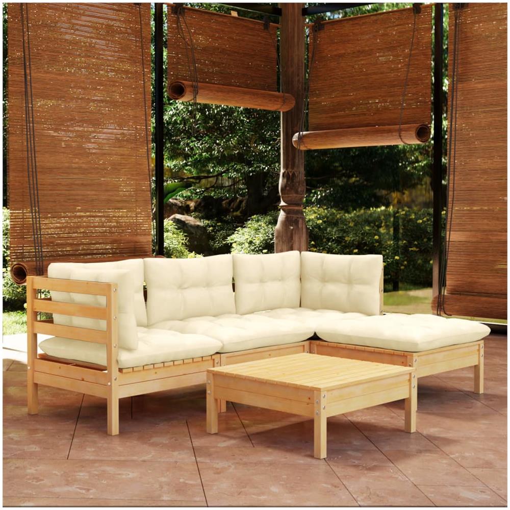 Set Divani Da Giardino 5 Pz Con Cuscini Crema Massello Di Pino - Foto 1