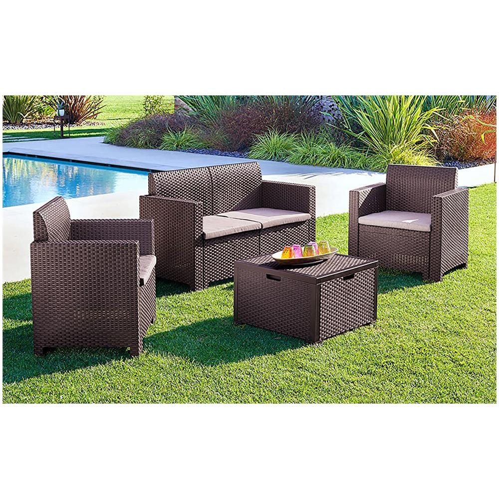 Set Salotto Da Esterno Venere, Set Da Giardino Con Cuscini, Salottino Indoor E Outdoor Effetto Rattan, 100% Made In Italy, Marrone - Foto 1
