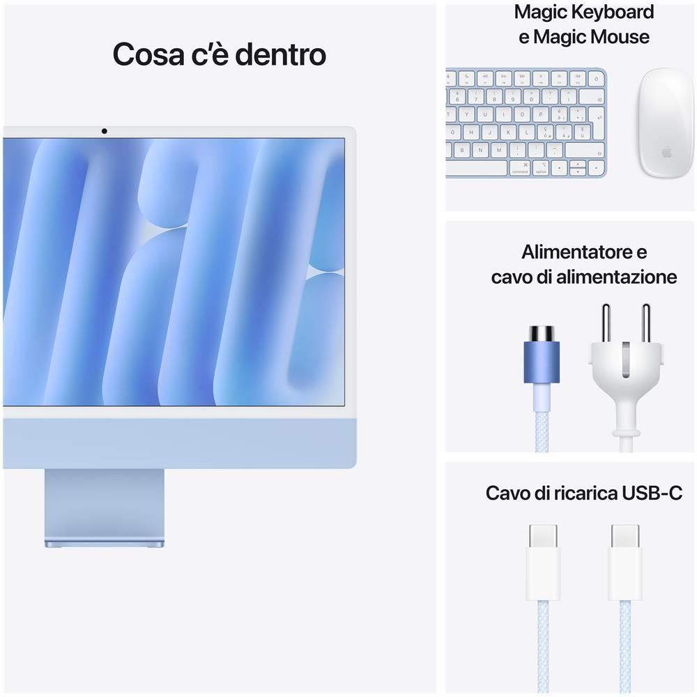 iMac 24" Retina Display 4,5K Chip M4 con CPU 8-core GPU 8-core 16GB, 256GB SSD Blu - Foto 8