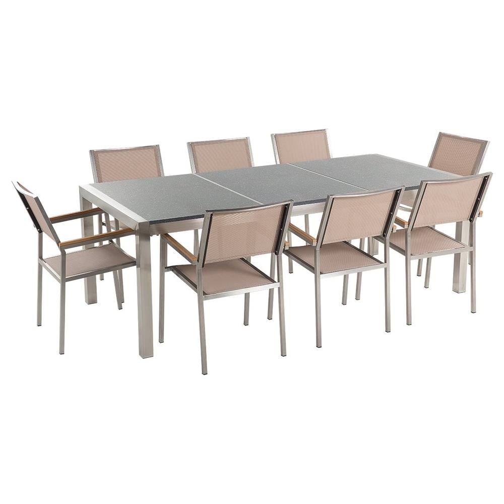 Set Di Tavolo E 8 Sedie Da Giardino In Acciaio, Granito E Fibra Tessile Beige - Grigio Lucido - 220cm - Grosseto - Foto 1