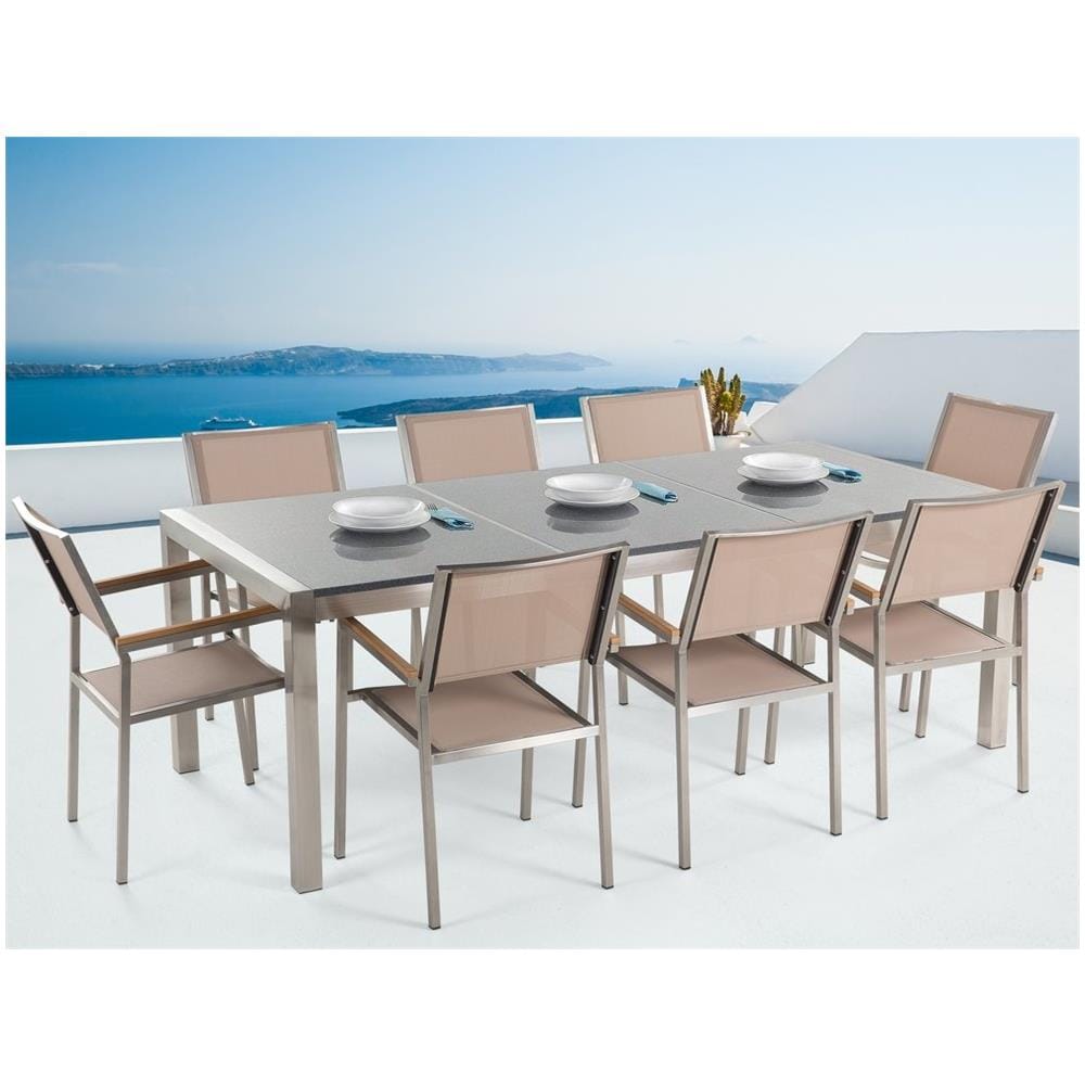 Set Di Tavolo E 8 Sedie Da Giardino In Acciaio, Granito E Fibra Tessile Beige - Grigio Lucido - 220cm - Grosseto - Foto 2