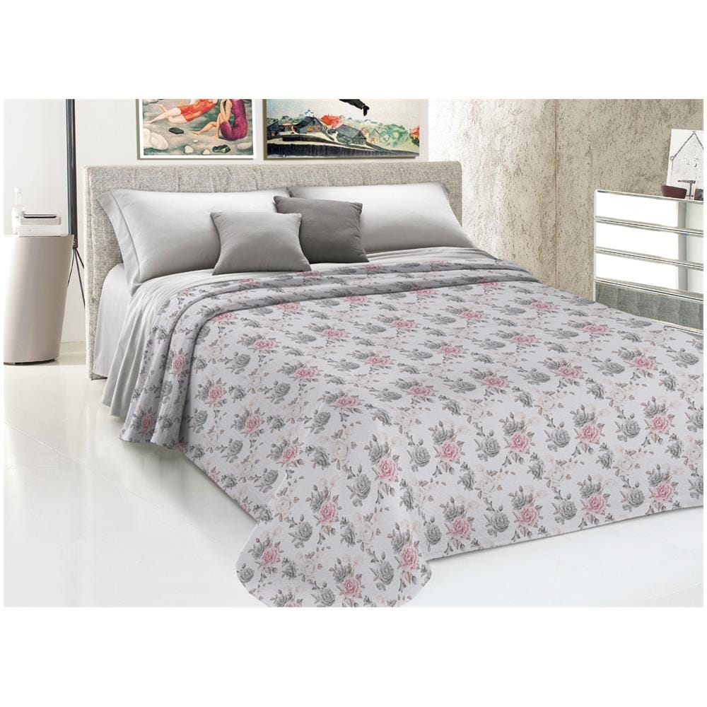 Copriletto Piquet Primavera Estate 100% Cotone Disegno Rosa Grande Floreale Matrimoniale Grigio - Foto 1