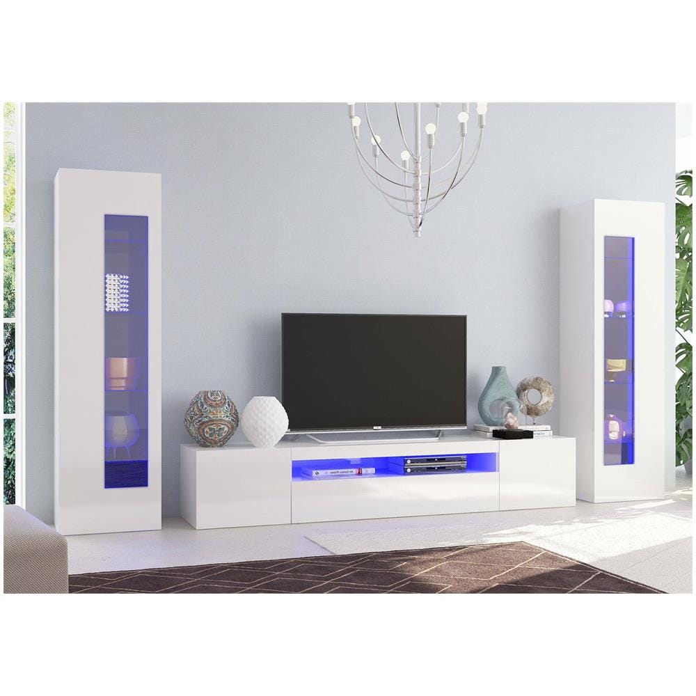 Parete Attrezzata Enzo, Set Salotto Porta Tv, Mobile Soggiorno Multiuso Con Luce Led, 100% Made In Italy, Cm 290x40h162, Bianco Lucido - Foto 1