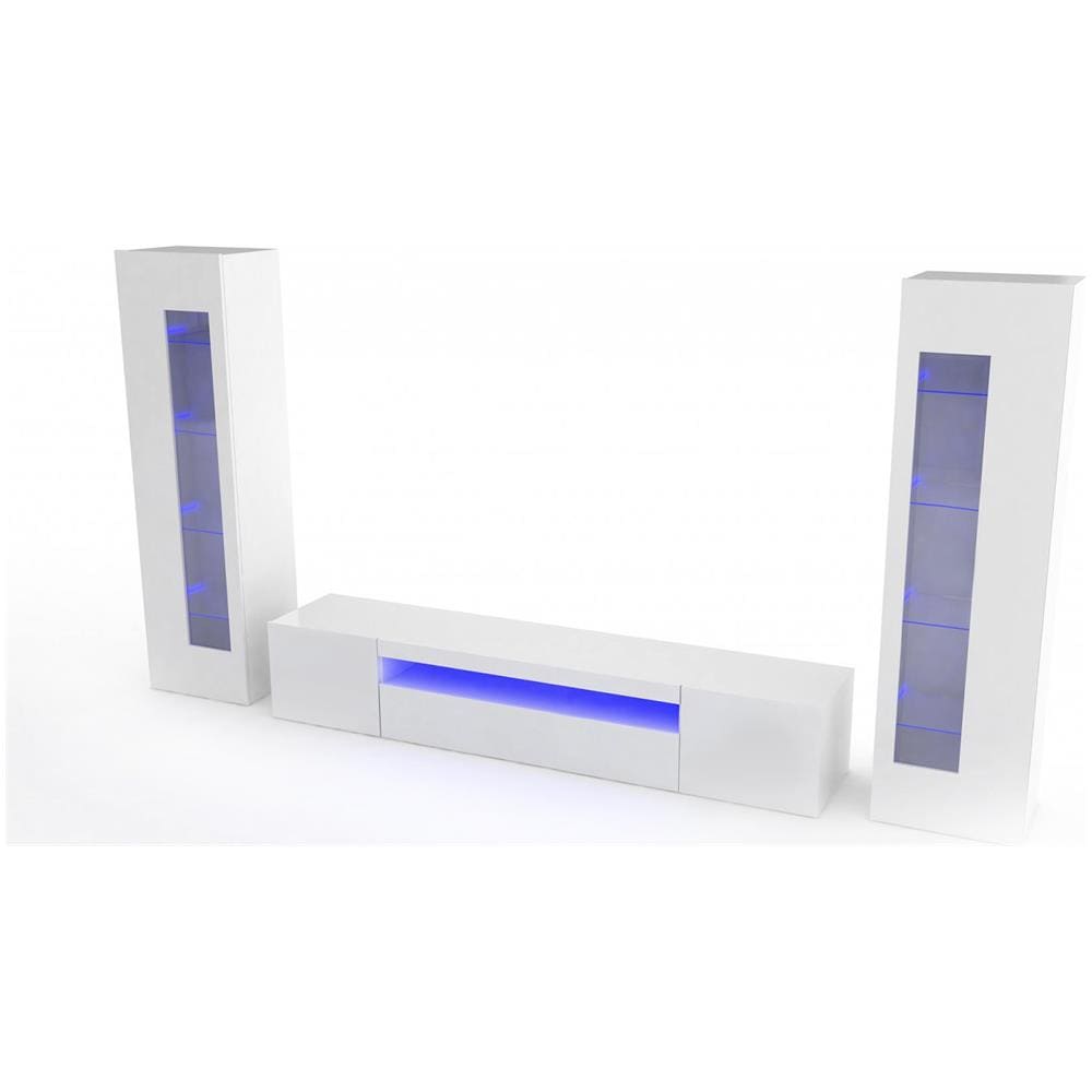 Parete Attrezzata Enzo, Set Salotto Porta Tv, Mobile Soggiorno Multiuso Con Luce Led, 100% Made In Italy, Cm 290x40h162, Bianco Lucido - Foto 2